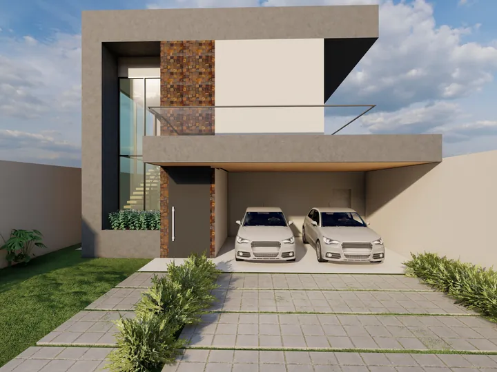 Projeto ilustrativo de sobrado com garagem para dois carros