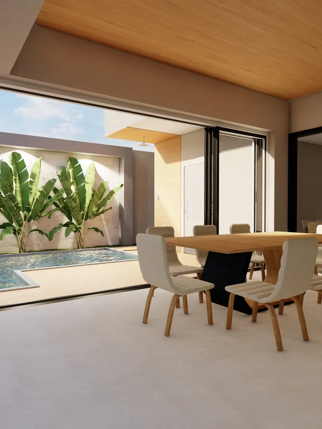 Projeto de varanda gourmet com mesa e vista para a piscina