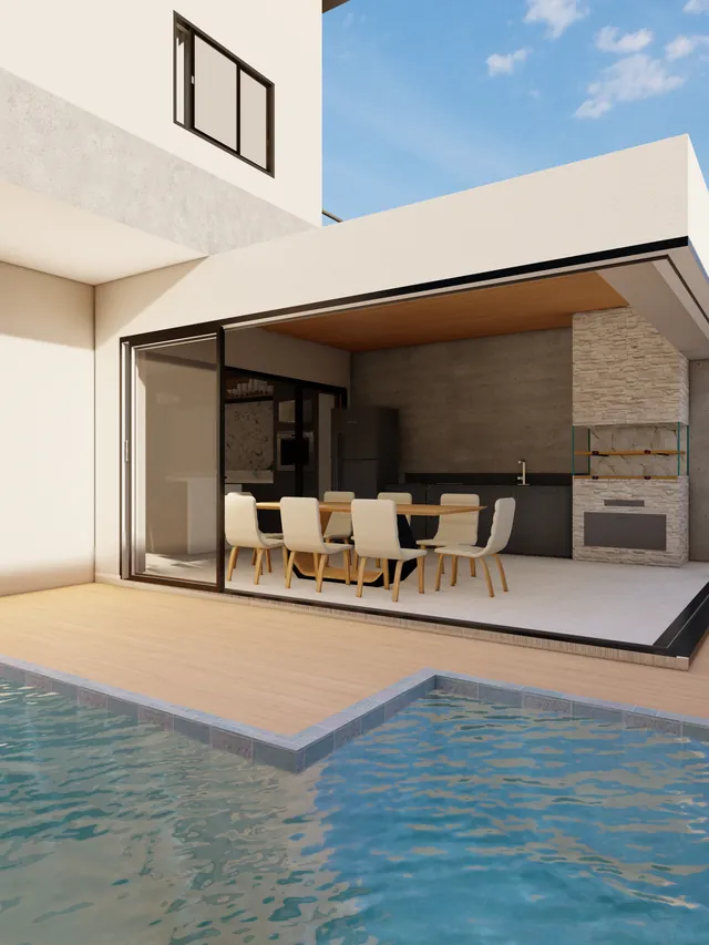 Projeto de área gourmet aberta para a piscina