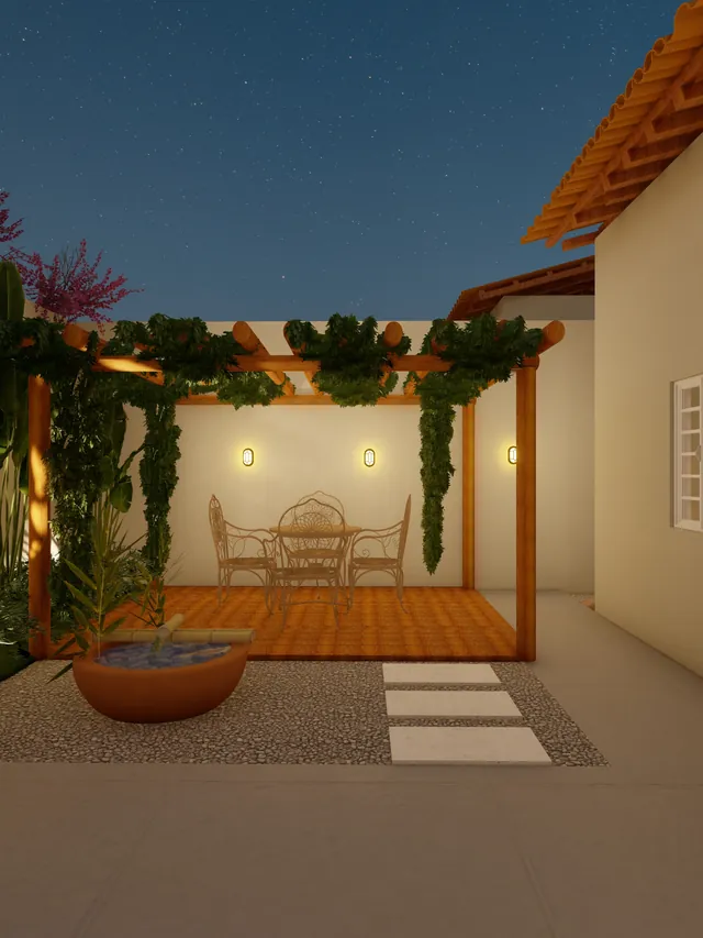 Projeto de pátio com pergolado iluminado à noite