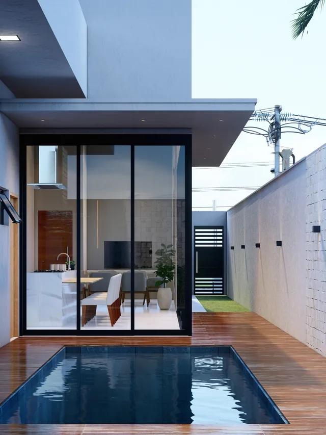 Projeto de piscina com deck de madeira junto à sala