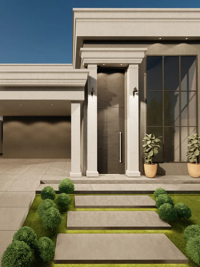 Projeto de casa térrea com entrada em colunas e jardim